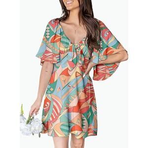DOKOTOO NEW $45 Multi-Color Abstract‎ Boho Tunic Mini Dress Smocked Back Large